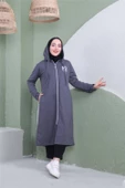 Yazı Baskılı Fermuarlı Kapşonlu Uzun Sweat - 03081.017 - Antrasit - 1