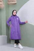 Yazı Baskılı Fermuarlı Kapşonlu Uzun Sweat - 03081.207 - Koyu Lila - 1