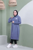 Yazı Baskılı Fermuarlı Kapşonlu Uzun Sweat - 03081.006 - İndigo - 6