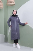 Yazı Baskılı Fermuarlı Kapşonlu Uzun Sweat - 03081.017 - Antrasit - 5