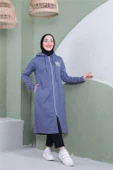 Yazı Baskılı Fermuarlı Kapşonlu Uzun Sweat - 03081.006 - İndigo - 2