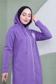 Yazı Baskılı Fermuarlı Kapşonlu Uzun Sweat - 03081.207 - Koyu Lila - 10