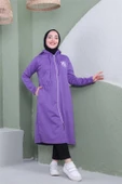 Yazı Baskılı Fermuarlı Kapşonlu Uzun Sweat - 03081.207 - Koyu Lila - 2
