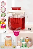 2'li Isıya Dayanıklı Borosilikat Cam Demlik Çelik Filtreli Bitki Çayı Demliği & Kulplu Sürahi 850ml - 1