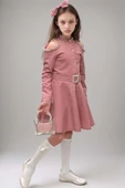 Kız Çocuk Omuzu ve Yakası Taş İşlemeli Pudra Elbise thumbnail 1
