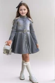 Kız Çocuk Omuzu ve Yakası Taş İşlemeli Gri Kot Elbise thumbnail 1