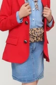 Kız Çocuk Leopar Desenli Fiyonk Detaylı Kot Gömlek Kırmızı Blazer Ceket Etekli Takım - 3