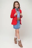Kız Çocuk Leopar Desenli Fiyonk Detaylı Kot Gömlek Kırmızı Blazer Ceket Etekli Takım - 1