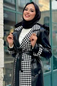 Ön Düğmeli Kuşaklı Ekose Deri Kap 7530 Siyah - 4