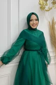 Omuz Şerit Detay Bel Bağlamalı Tül Abiye Elbise 3964 Zümrüt thumbnail 4
