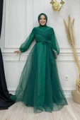 Omuz Şerit Detay Bel Bağlamalı Tül Abiye Elbise 3964 Zümrüt thumbnail 1