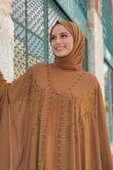 Taş İşlemeli Şifon Pelerinli Elbise Abiye Takım 3772 Taba thumbnail 4