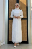 Çiçek Desenli Simli Tül Abiye Elbise 1108 Ekru thumbnail 1