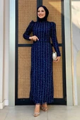 Çiçek Desenli Simli Tül Abiye Elbise 1108 Lacivert thumbnail 1