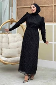 Dal Desenli Simli Tül Abiye Elbise 1140 Siyah thumbnail 3