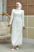 Dal Desenli Simli Tül Abiye Elbise 1140 Ekru - 1