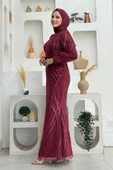 Desenli Bel Kemerli Balık Abiye Elbise 1139 Bordo - 3