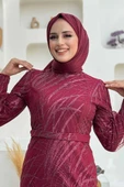 Desenli Bel Kemerli Balık Abiye Elbise 1139 Bordo - 4