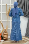 Desenli Bel Kemerli Balık Abiye Elbise 1139 İndigo thumbnail 2