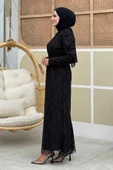 Dal Desenli Simli Tül Abiye Elbise 1140 Siyah thumbnail 2