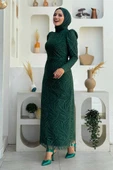 Dal Desenli Simli Tül Abiye Elbise 1140 Zümrüt thumbnail 3