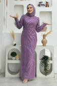Desenli Bel Kemerli Balık Abiye Elbise 1139 Lila thumbnail 1