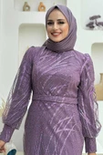 Desenli Bel Kemerli Balık Abiye Elbise 1139 Lila thumbnail 4