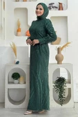 Desenli Bel Kemerli Balık Abiye Elbise 1139 Zümrüt thumbnail 3