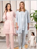 Bone Club 5816 MAVİ Vual Penye Hamile Lohusa 3 Lü Pijama Sabahlık Tk - 3