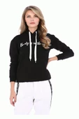 Kapüşonlu Baskılı Siyah Kadın Sweatshirt - 1