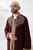 Bordo Hakim Yaka Erkek Namaz Elbisesi Şerit Nakış İşlemeli İmam Cübbesi - 2