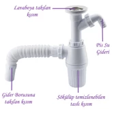 Pis Su Giderli Sökülebilir Tas'lı Çift Gider Sifon Körüklü Temizlenebilir Mutfak Banyo Lavabo Boru - 4