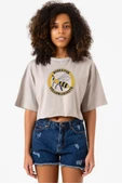 Wiskayok Yellowjackets Logo Taş Rengi Kadın Crop Kapşonlu - 1