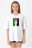 Free Hand Palestine Flag Beyaz Kadın Oversize Tshirt thumbnail 1