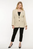 Taş Rengi Kadın Düğmeli Oversize Blazer Ceket - 5