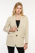Taş Rengi Kadın Düğmeli Oversize Blazer Ceket - 1