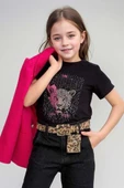 Kız Çocuk Leopar Yazı ve Digital Baskılı Tişört Bol Kesim Pantolon Fuşya Blazer Ceket Alt Üst Takım thumbnail 4