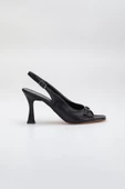 Büyük Numara Kadeh Topuk Cilt Siyah Kadın Topuklu Sandalet thumbnail 3