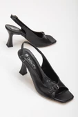 Büyük Numara Kadeh Topuk Cilt Siyah Kadın Topuklu Sandalet thumbnail 1