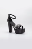 Çapraz Taşlı 40mm Siyah Rugan Kadın Platform Topuklu Abiye Ayakkabı - 3