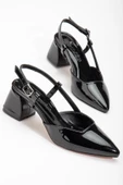 Büyük Numara Rugan Yan Direkli Siyah Kadın Topuklu Ayakkabı thumbnail 1