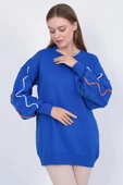 Kadın Triko Kazak Kolu Çizgili Saks Mavi - 3