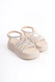 ELENA Lastikli Taşlı Şeritli Ortopedik Taban Kadın Sandalet KT Krem thumbnail 4