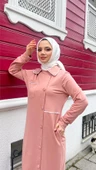 Yakalı Cepli Yandan Düğmeli Pamuklu Uzun Ferace - 71176.034 - Pudra - 6
