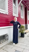 O Yaka Fermuarlı Yan Cepli Pamuklu Uzun Ferace - 71179.015 - Lacivert - 4