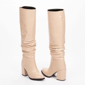 Kadın Sivri Burunlu Kalın Topuklu Körüklü Diz Altı Çizme thumbnail 3