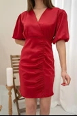 V Yaka Kısa Saten Elbise thumbnail 1