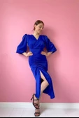 V Yaka Saten Elbise - 1