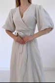 Bej Kuşaklı Müslin Elbise thumbnail 5