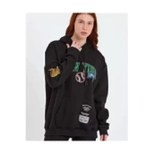 Lucky Life Baskılı Kapüşonlu Sweatshirt - Siyah - 1